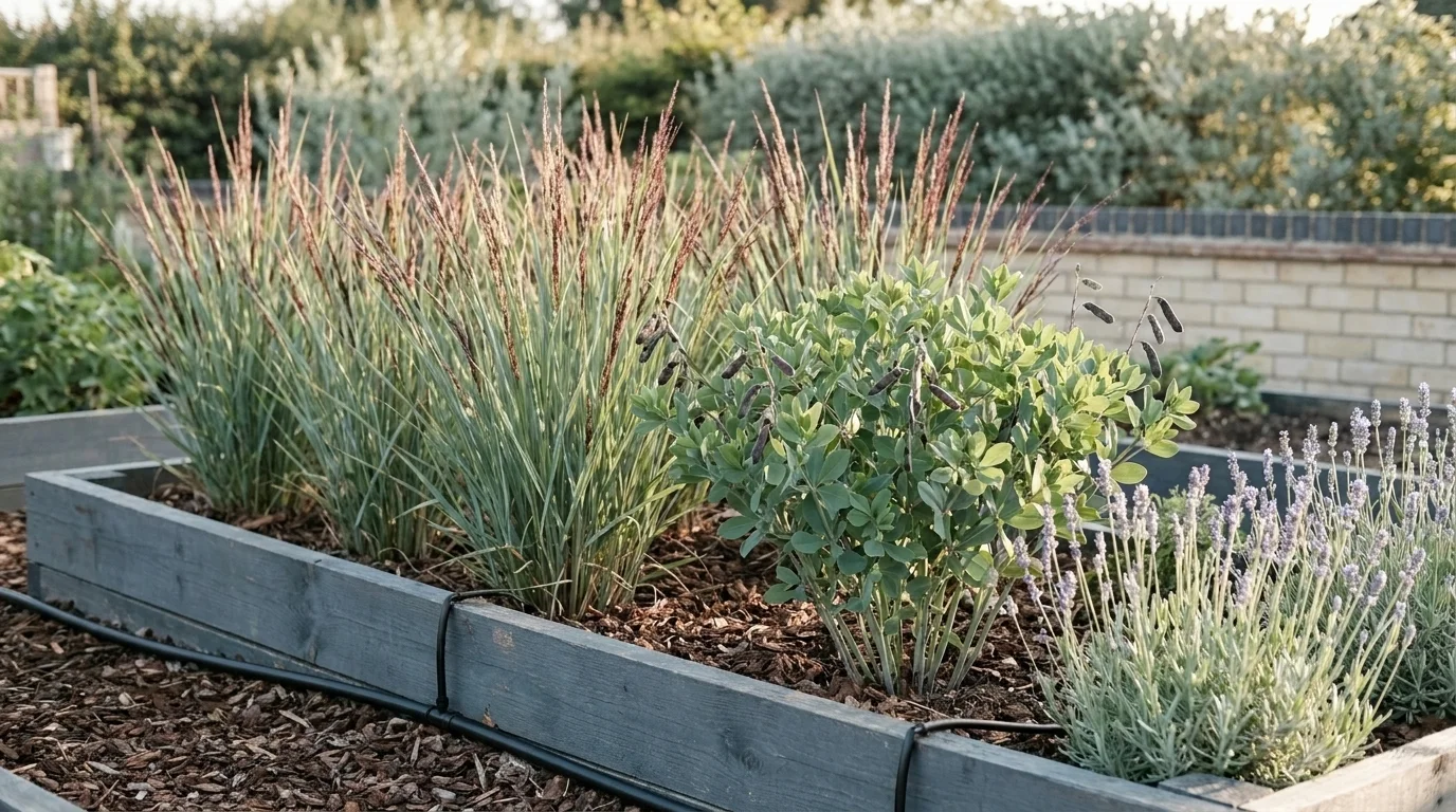 Norfolk climate-resilient raised bed: switchgrass, baptisia, lavender, drip-irrigation tube, and bark mulch