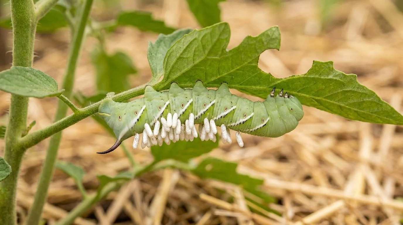 A tomato hornworm parasitised in place on a tomato leaf with white grain-like wasp pupae attached to its back