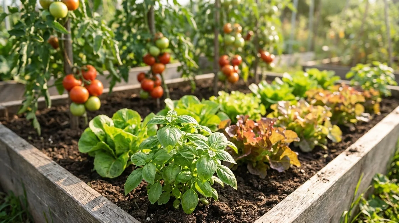 A raised timber bed of annual vegetables and herbs — staked tomatoes, loose-leaf lettuce and a bushy basil plant in front