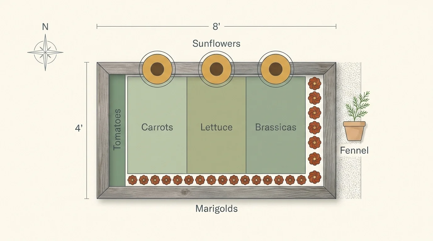 Top-down four-by-eight raised bed layout with sunflowers at the north edge, marigold border, central greens, west-side tomatoes