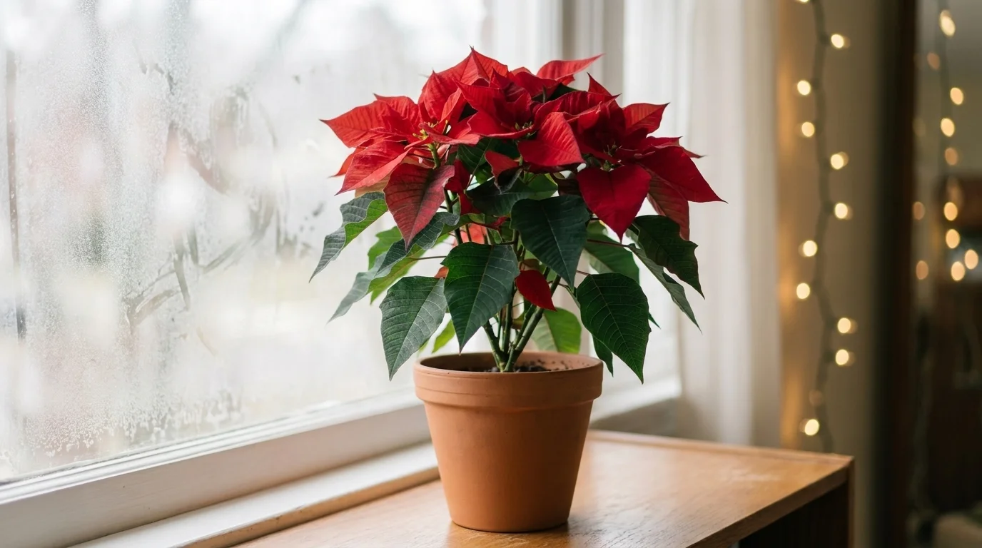 A fully rebloomed deep-red poinsettia on a windowsill with a frosted pane and soft blurred lights behind it