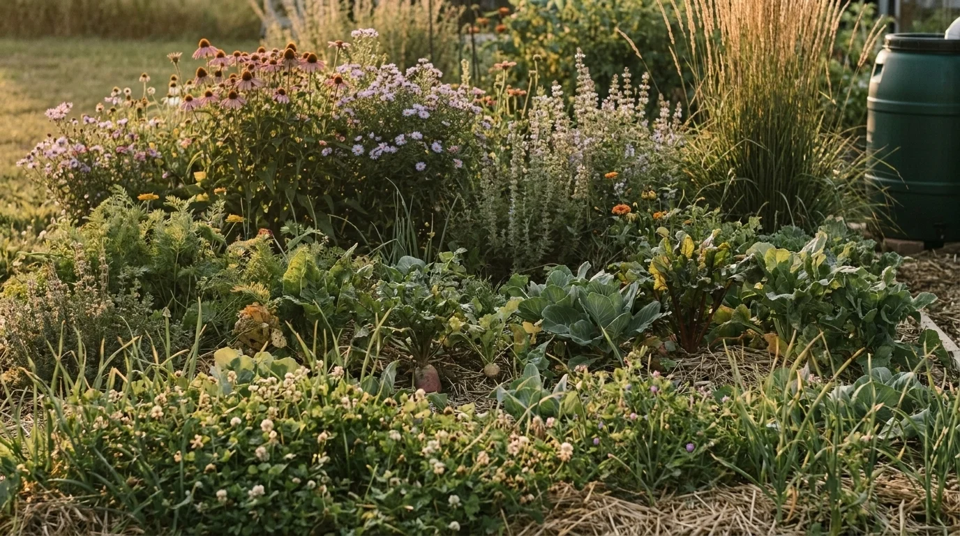 Golden-hour home garden bed layered with cover crops, a no-dig vegetable plot, and native perennials in successional planting