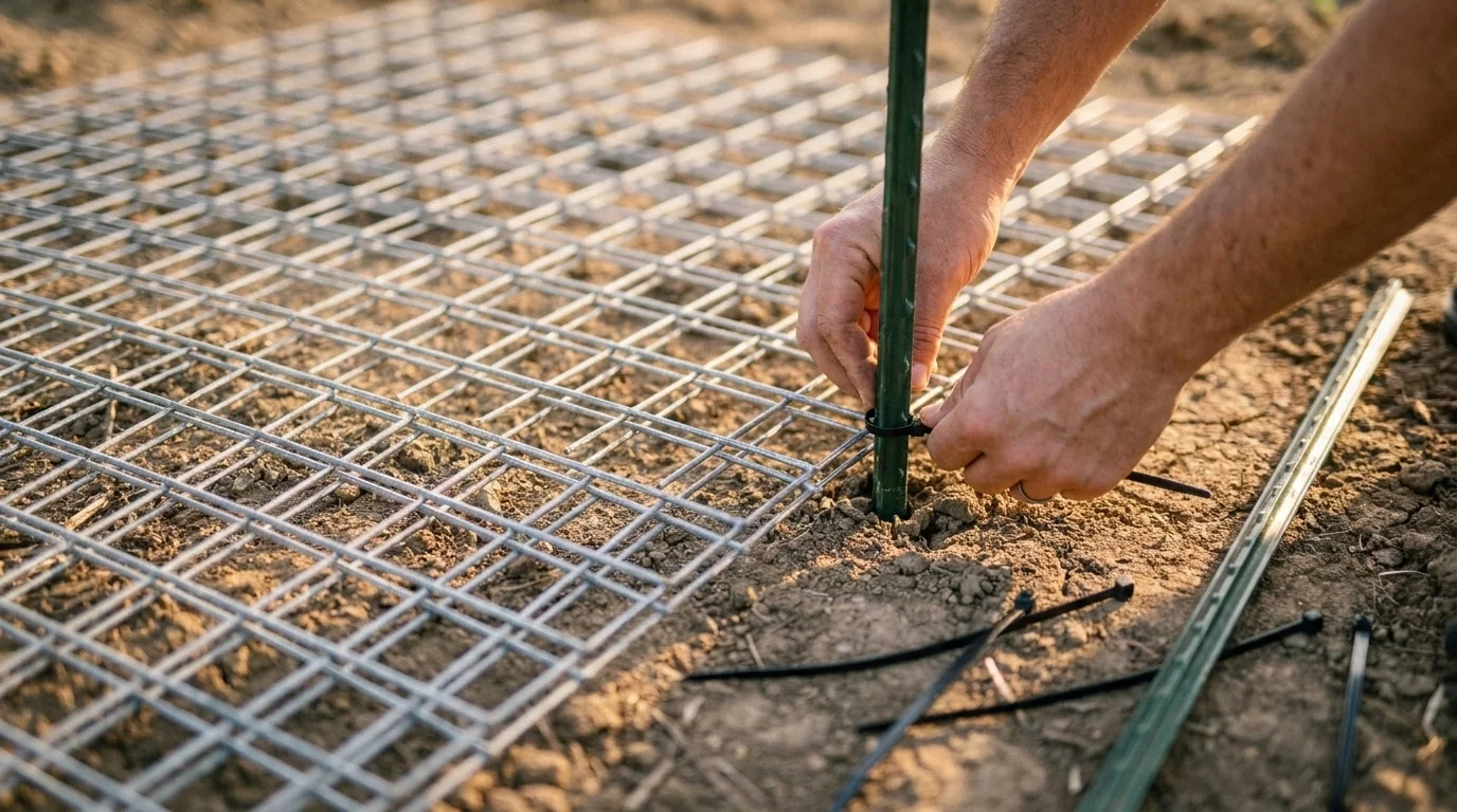 Hands wiring a galvanized remesh panel to a metal stake with zip ties on bare soil, a sub-$20 trellis mid-build