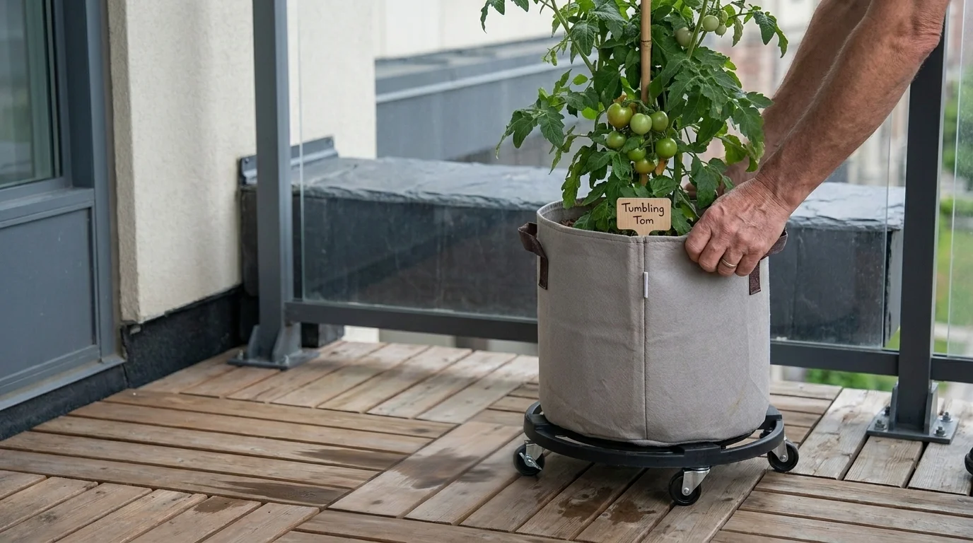 A hand pushing a 'Tumbling Tom' tomato in a fabric grow bag on a four-caster rolling pot caddy across a slatted balcony