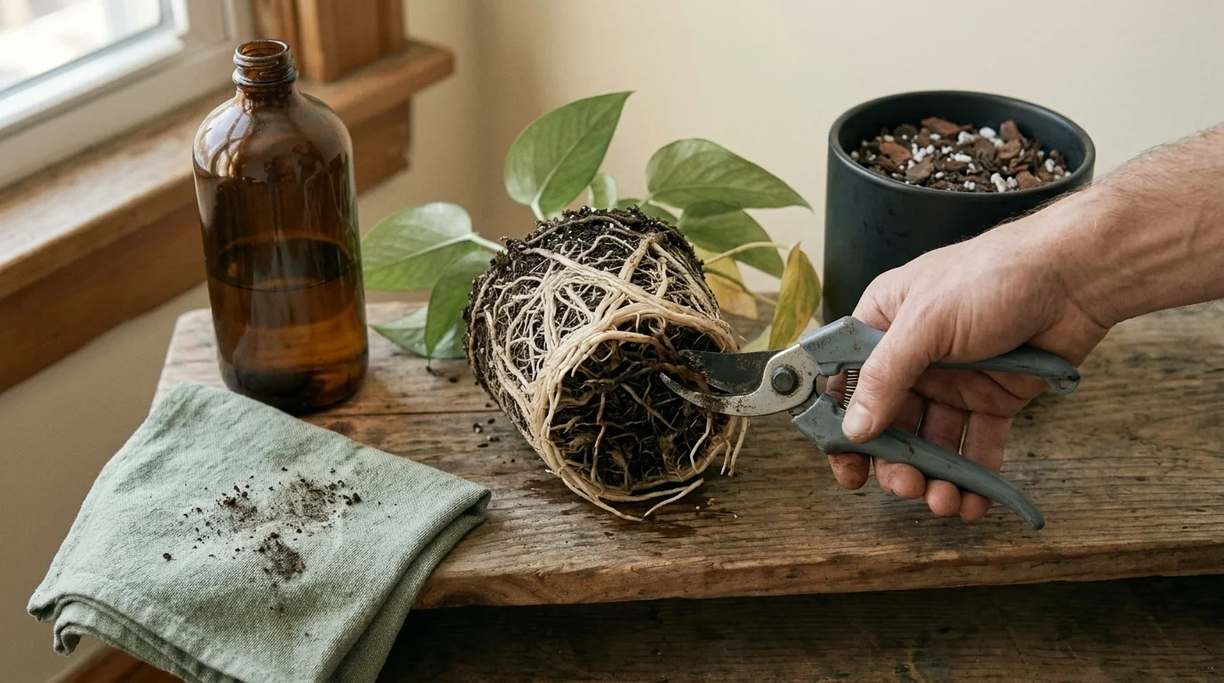 Hands trimming brown rotted roots from an unpotted houseplant with sharp shears, healthy white roots visible alongside