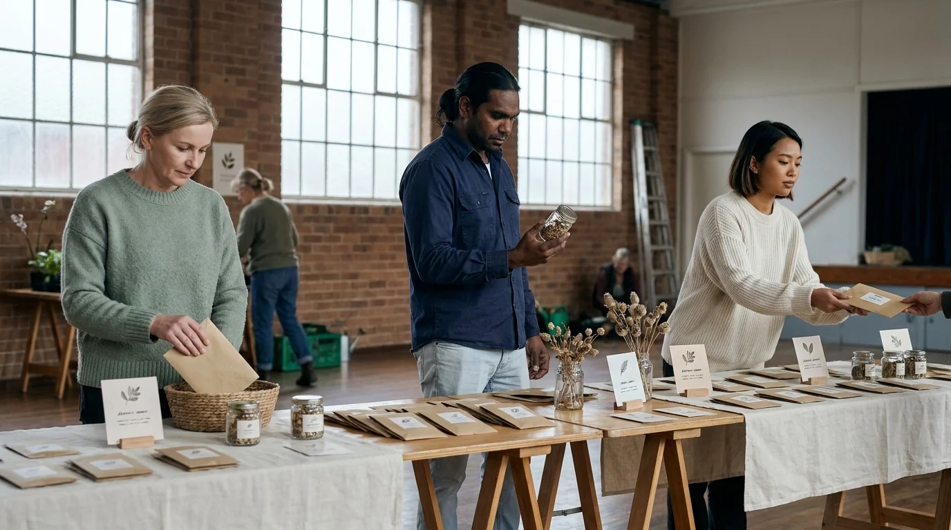 Three gardeners at a community seed-swap event in an urban hall, with kraft seed packets and jars on long wooden tables