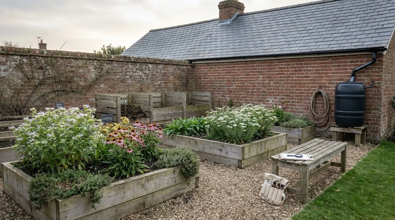 Small back-garden with gravel paths, raised beds of native pollinator plants, a compost bin, and a downpipe rain barrel