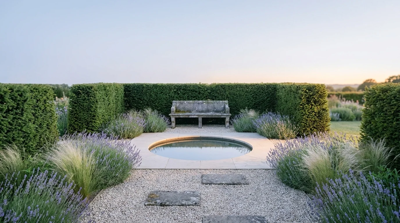 Contemporary meditation garden corner with a clipped yew hedge, stone bench, shallow circular pool, lavender, and grasses