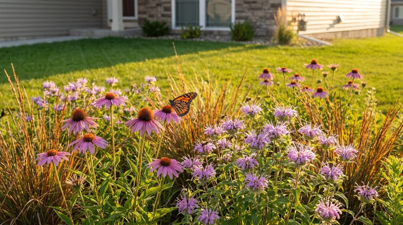 A suburban pocket prairie of native coneflower, bee balm and little bluestem with a monarch, a mowed lawn edge behind
