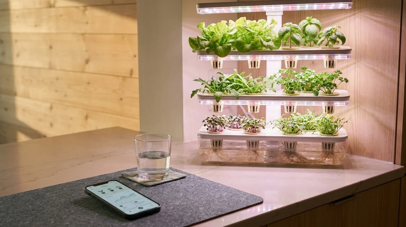 Three-tier countertop hydroponic system with LED grow lights on a kitchen counter, a phone showing the companion app beside