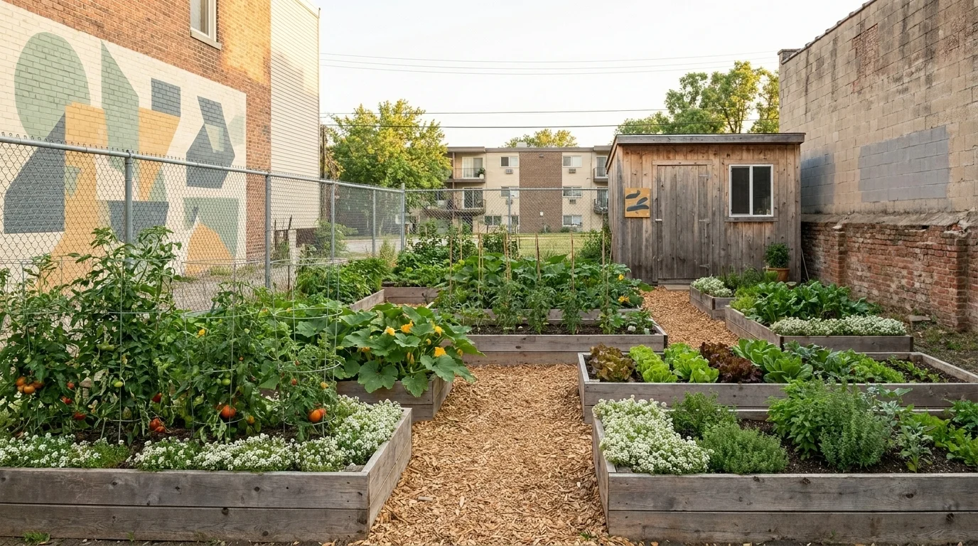 Urban community garden in a converted vacant lot with raised beds, hand-painted signs, and murals on adjacent buildings