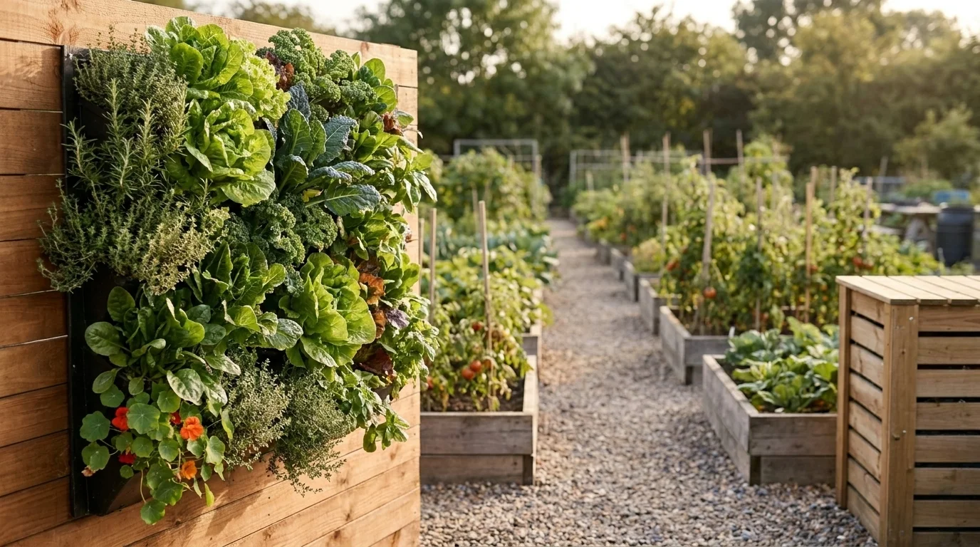 A small-plot community garden layout with a vertical growing wall of greens on a fence, two raised beds and a compost bin