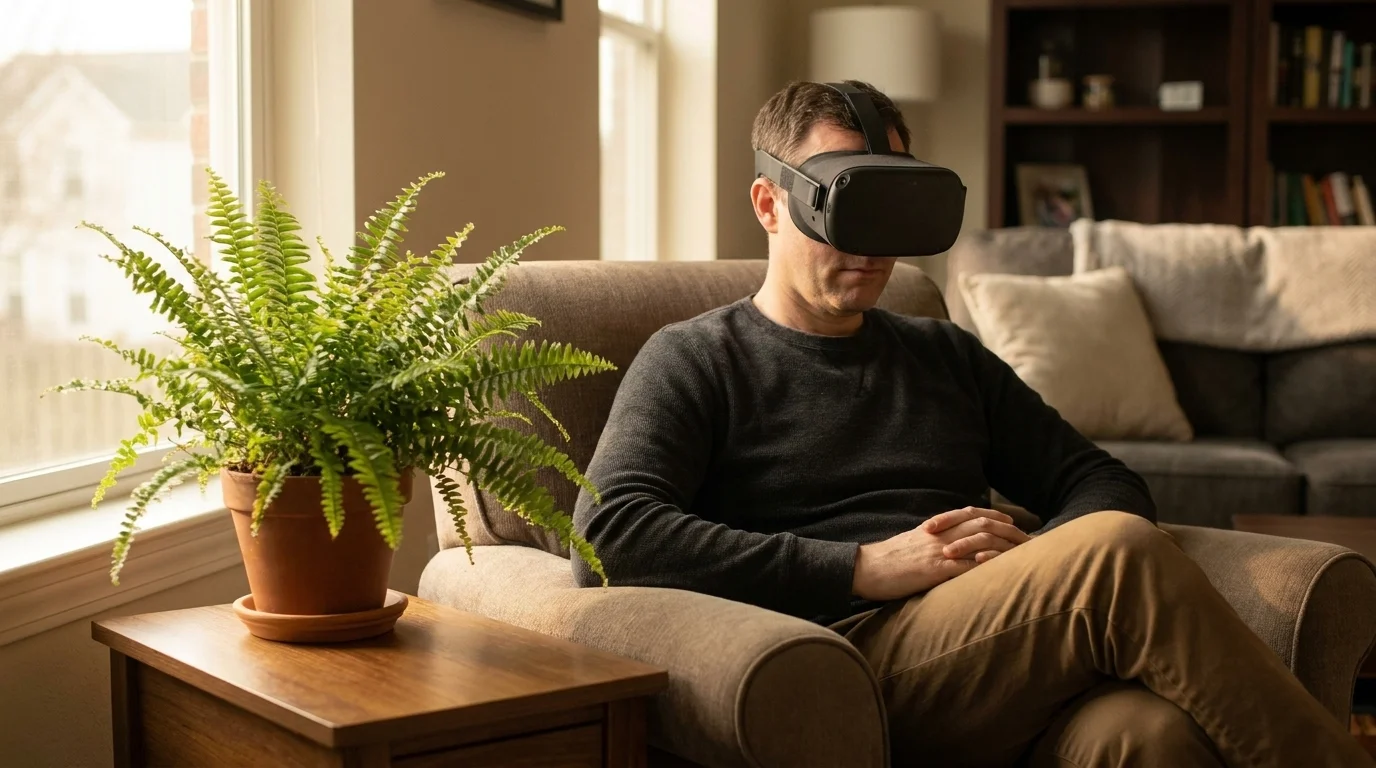 Person wearing a VR headset seated calmly beside a potted fern in a softly lit room, using virtual nature for wellbeing
