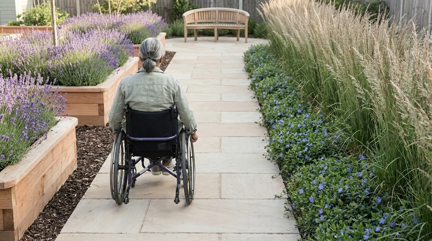 Wide accessible garden path between raised beds of lavender and ornamental grasses, a wheelchair user moving along the route