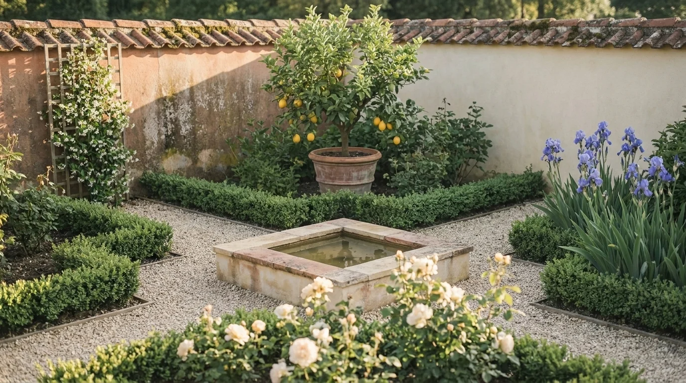Chahar-bagh central crossing with a square stone pool, four radiating paths, and citrus, rose, iris, and jasmine in four beds