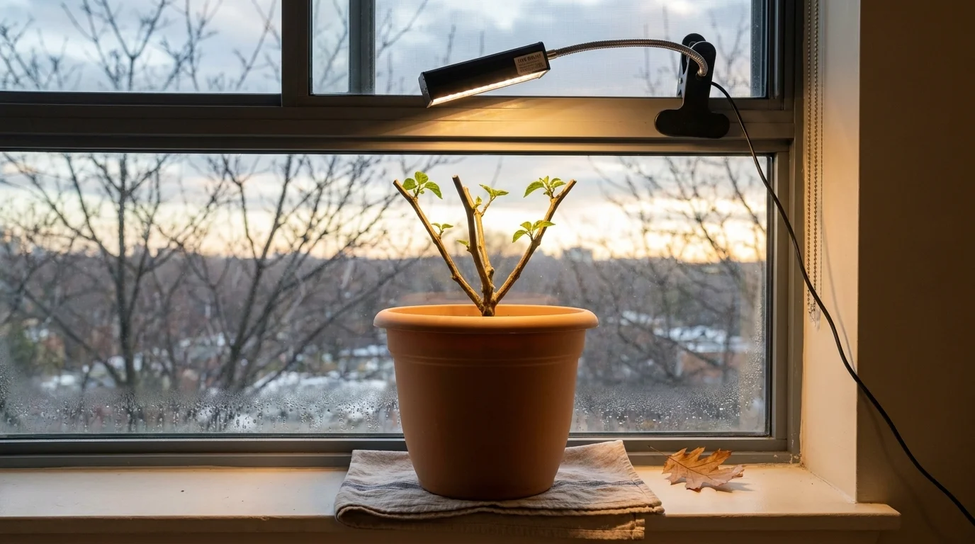 Chili pepper overwintering indoors on a south-facing windowsill under a clip-on LED grow light