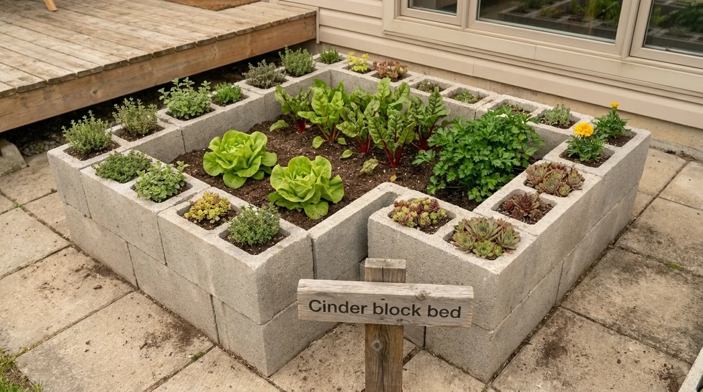 A U-shape cinder block (CMU) raised bed with leaf lettuce in the soil-filled interior and herbs in the block cells
