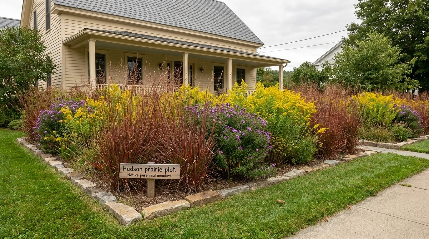 Hudson Valley front yard converted from lawn to native meadow with mown edges, little bluestem, goldenrod, and asters