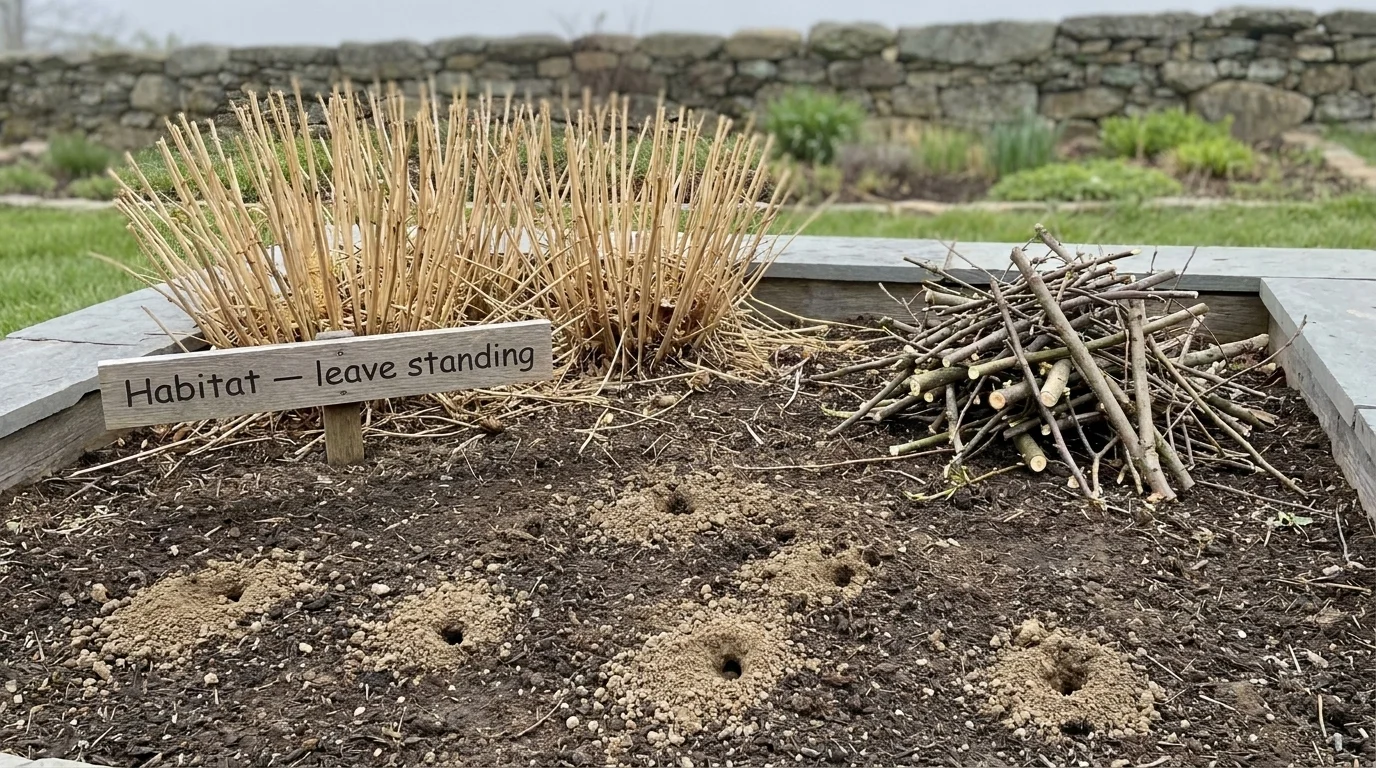 A pollinator habitat corner with a bare-soil ground-nesting patch, a brush pile, and standing dried perennial stems