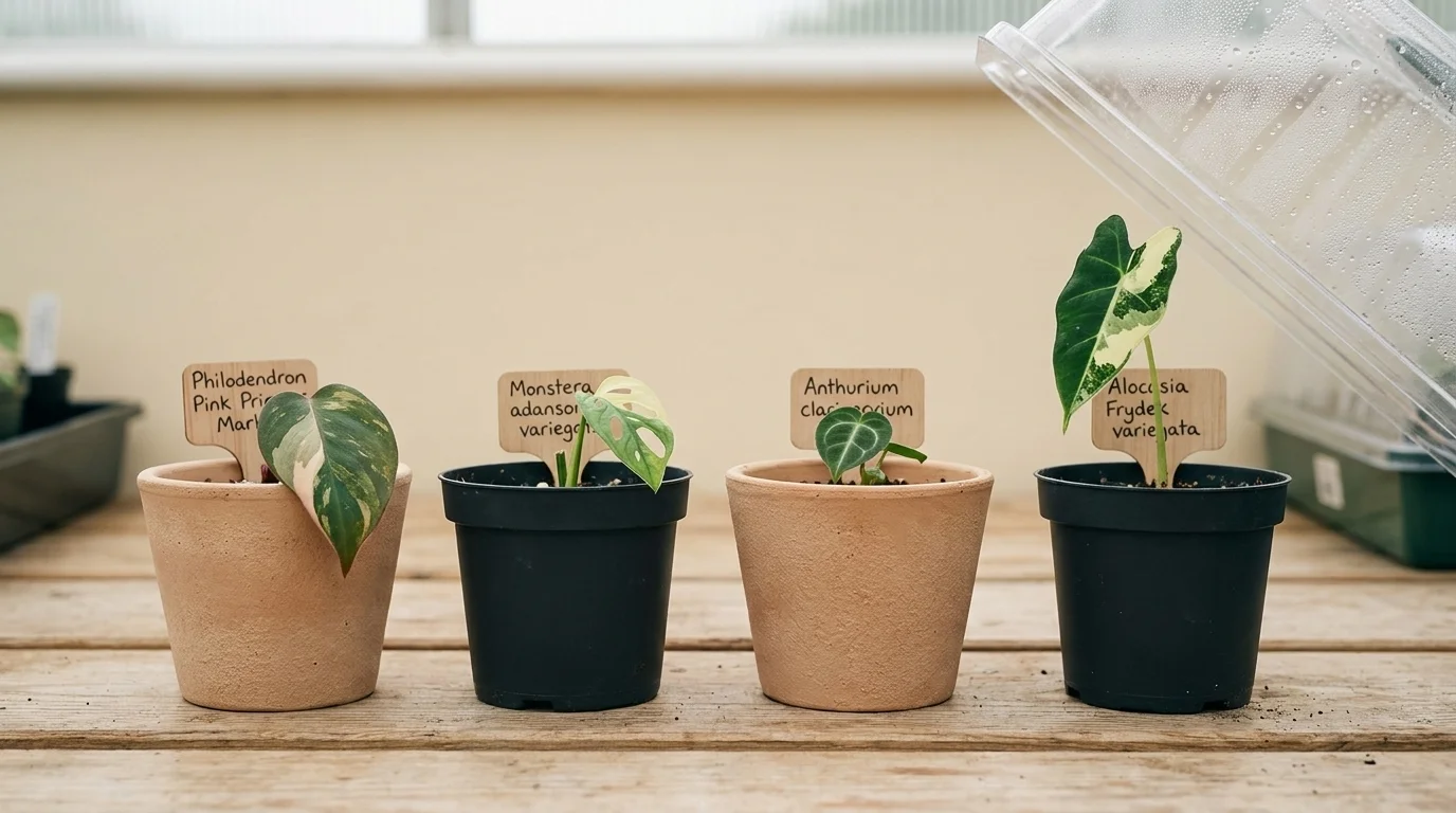 Nursery propagation bench with labelled pots of variegated aroid cuttings under a clear humidity dome in greenhouse light