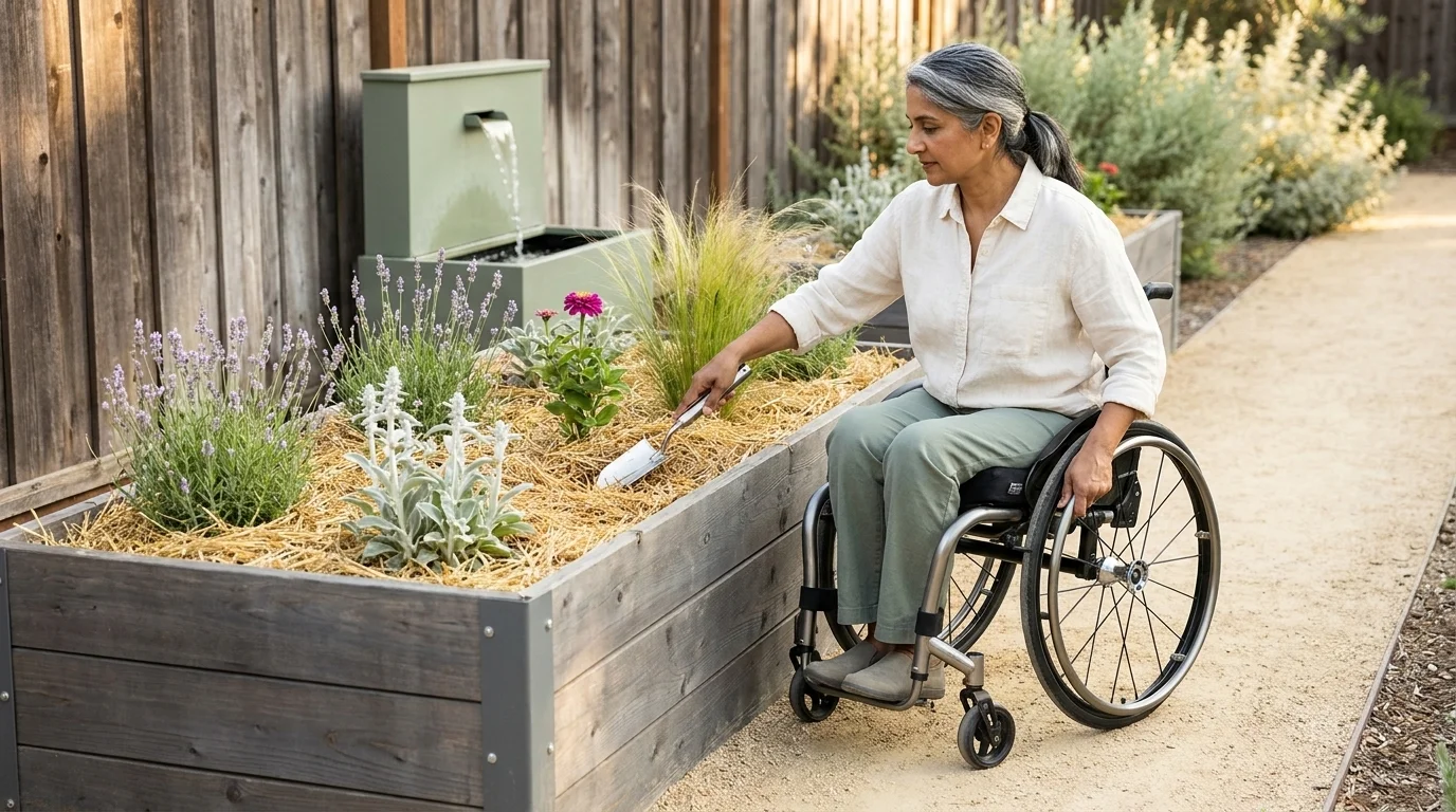 Accessible sensory garden — wheelchair gardener at a parallel-approach raised bed with a wall-mounted water feature