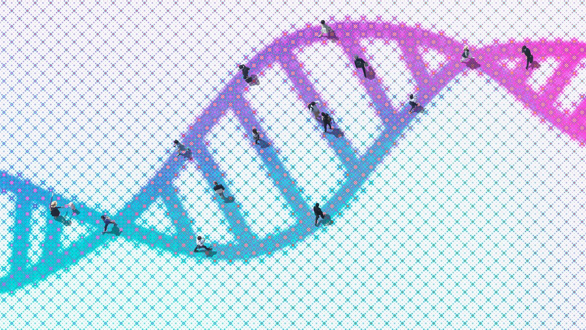 رسم توضيحي لسلسلة DNA مع أشخاص يشير إلى دراسة الجينوم النفسي وتأثير الجينات على السمات الشخصية الكبرى.