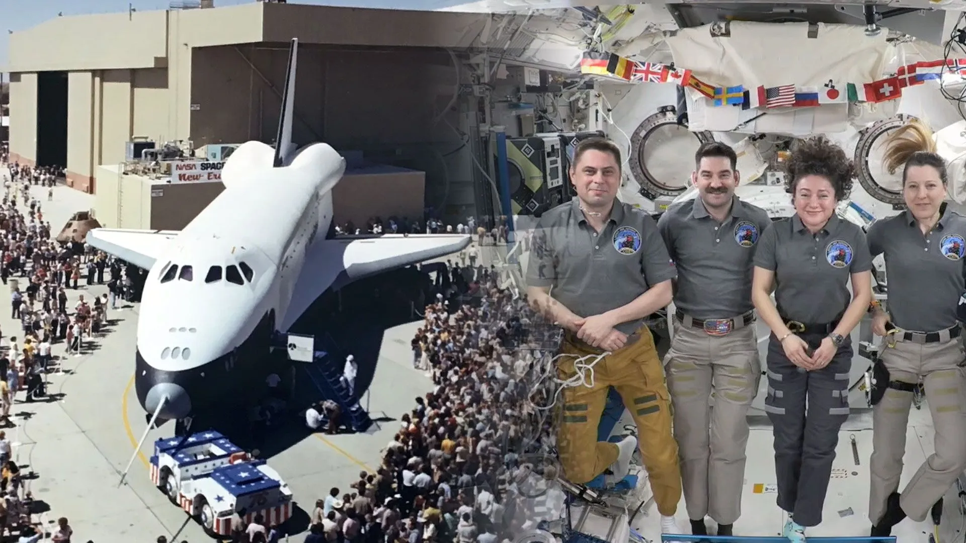 مكوك الفضاء Enterprise في حفل الكشف عام 1976 مع حضور جماهيري كبير ورواد فضاء يرتدون زي المهمة داخل المحطة الفضائية.