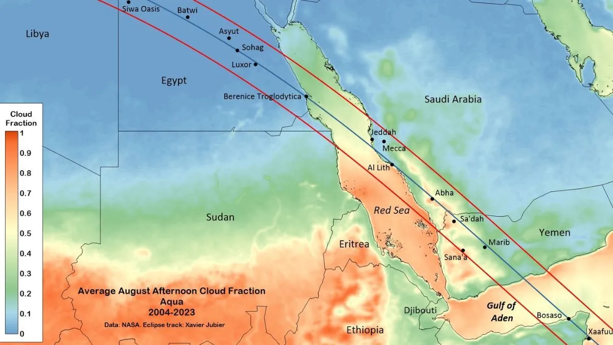خريطة توضح مسار الكسوف الكلي لشمس 2 أغسطس 2027 فوق السعودية واليمن مع توزيع متوسط الغيوم في أغسطس لتعزيز اختيار موقع المشاهدة.