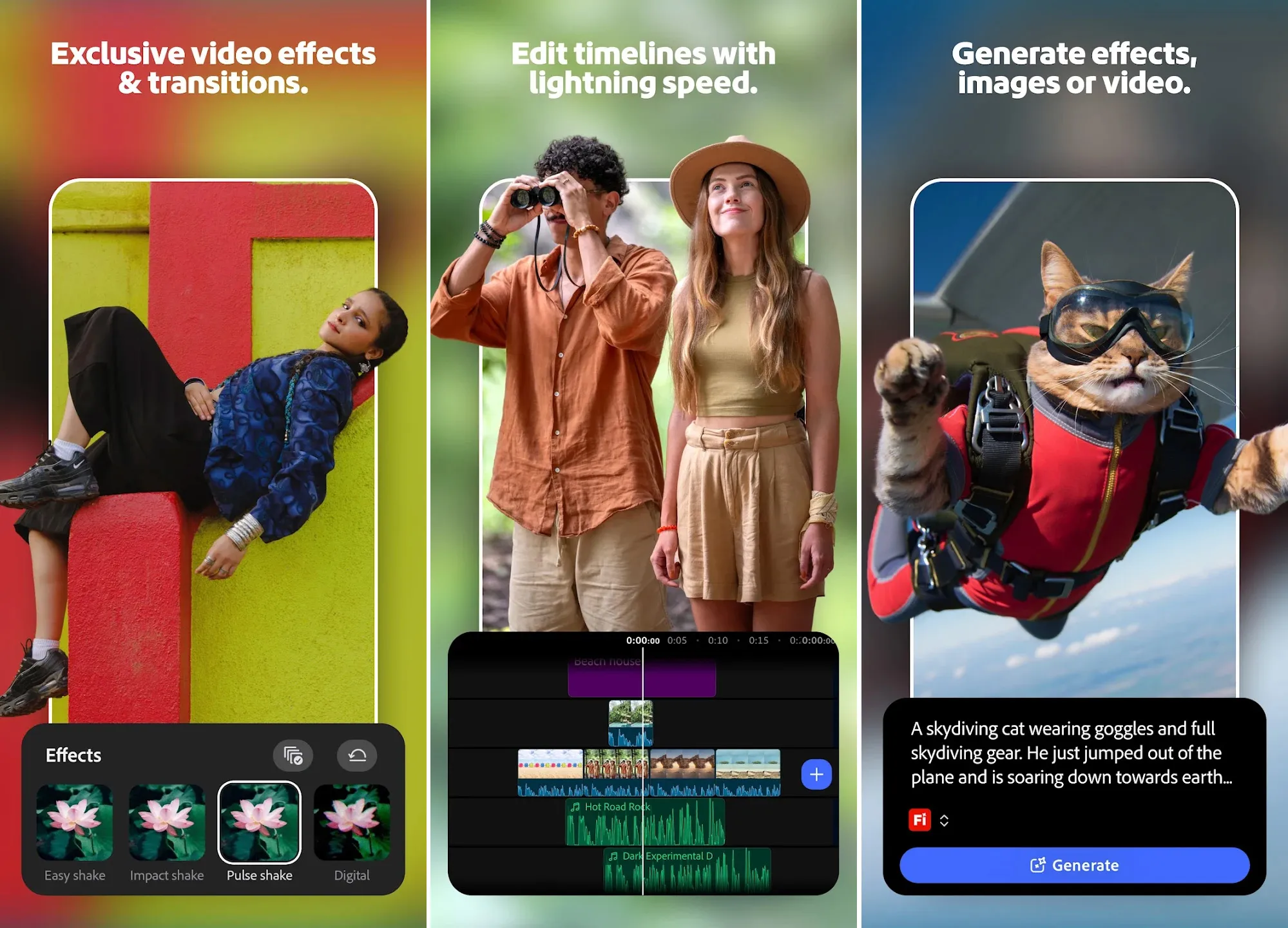 شاشة تطبيق Adobe Premiere لأندرويد تعرض تأثيرات فيديو حصرية، تحرير سريع لخطوط الزمن، وتوليد فيديوهات وصور بالذكاء الاصطناعي.