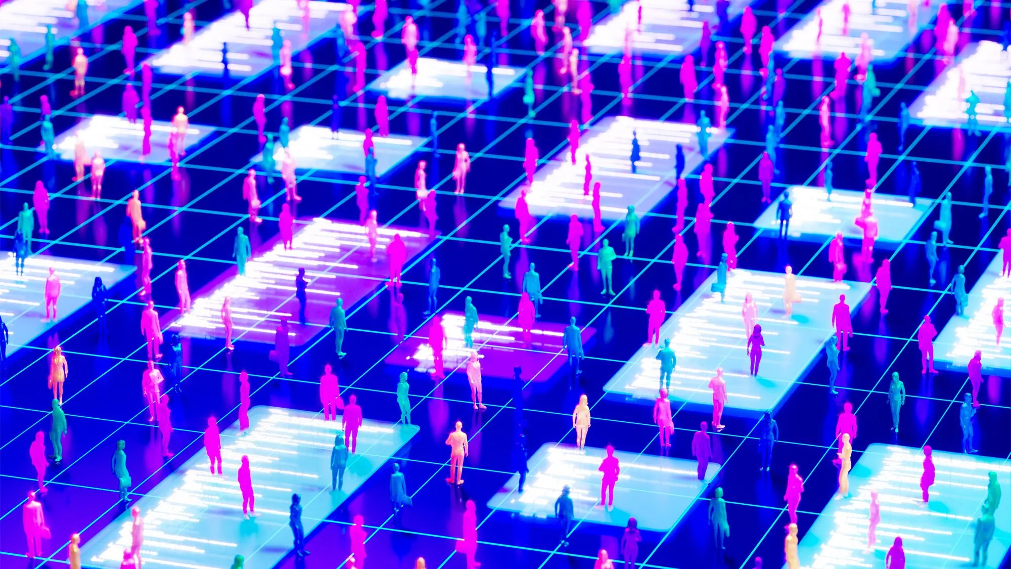وكلاء ذكاء اصطناعي ملونون يتنقلون في شبكة افتراضية تمثل بيئة محاكاة تفاعلية لاختبار سلوكهم الاجتماعي والجرمي في منصة Emergence World.