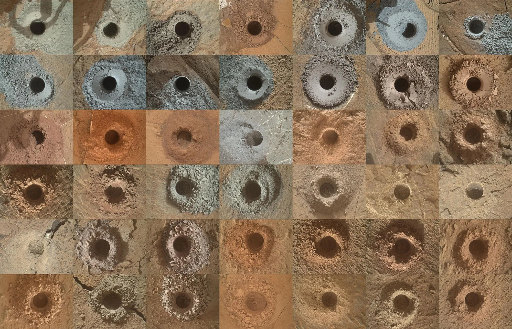 تشكيلات حفر متنوعة في تربة المريخ أُخذت بواسطة مركبة Curiosity لاستكشاف تركيبة الصخور والتربة المريخية خلال مهمتها الطويلة.