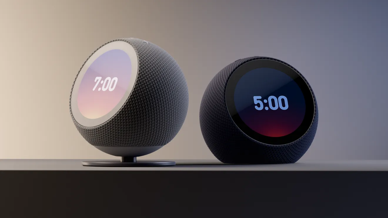 ساعتان منبّه ذكية Echo Time من أمازون بتصميم دائري وشاشة رقمية تعرض الوقت، مخصصة لغرفة النوم مع ميزات تتبع النوم.