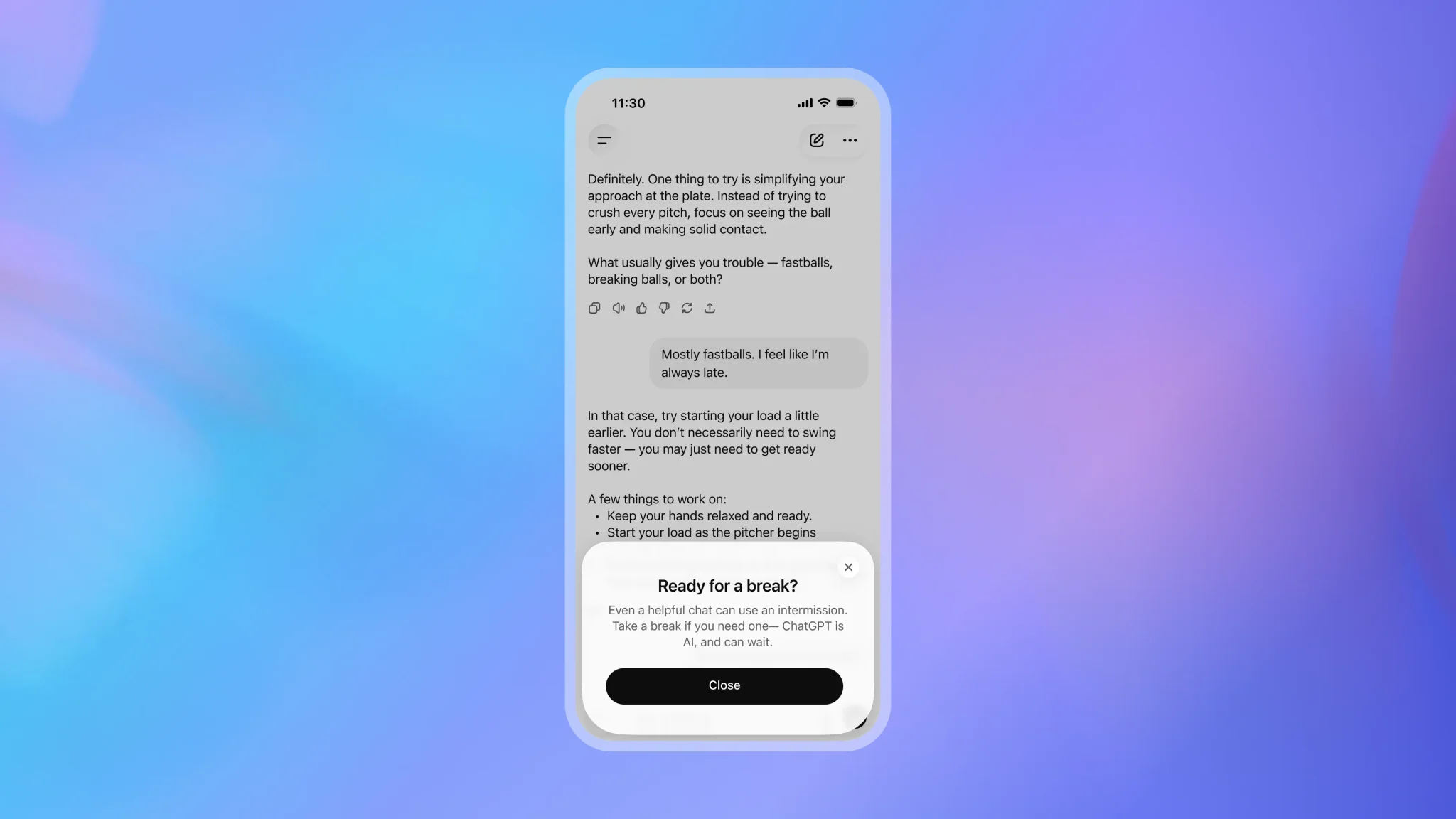 شاشة هاتف تعرض تطبيق ChatGPT للمراهقين مع رسالة تذكير بأخذ استراحة لتعزيز الاستخدام الآمن وتقليل التعلق بالتطبيق.