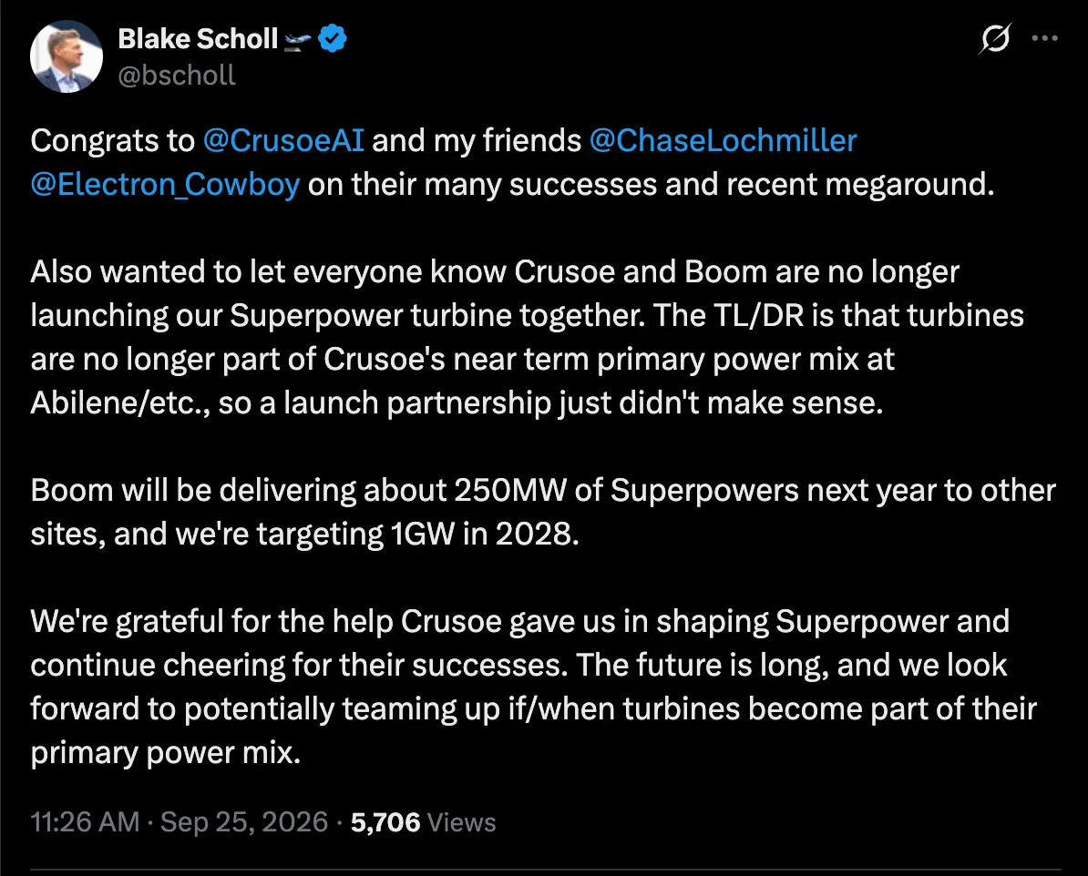 تغريدة من Blake Scholl تعلن انتهاء شراكة توربينات Superpower بين Boom وCrusoe بسبب تغير استراتيجية الطاقة لدى Crusoe.