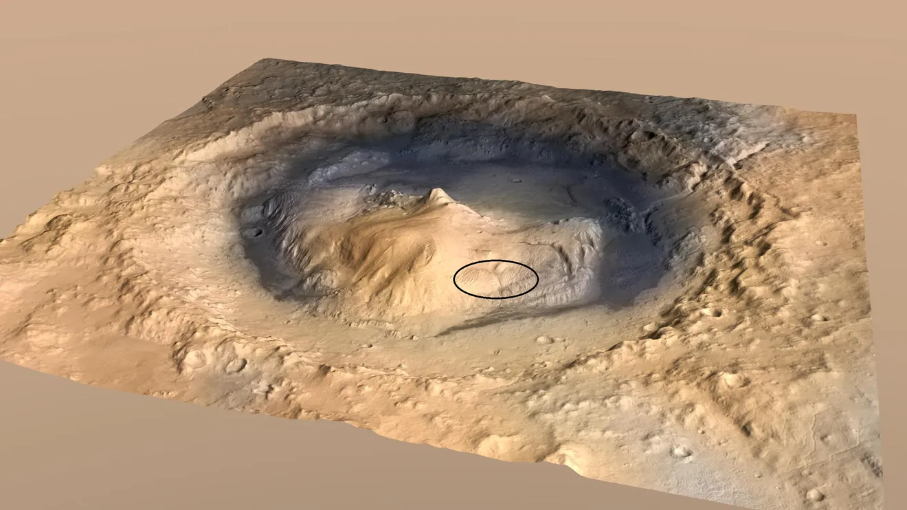 خريطة ثلاثية الأبعاد لفوهة غيل على المريخ تظهر جبل شارب في المركز مع تحديد موقع المركبة Curiosity التي تستكشف الطبقات الصخرية والتضاريس المحيطة.