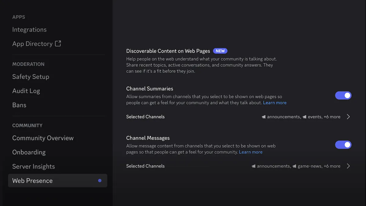 واجهة إعدادات Discord لتمكين ظهور محتوى الخوادم العامة على الويب مع خيارات تلخيص القنوات وعرض رسائل القنوات في نتائج البحث.