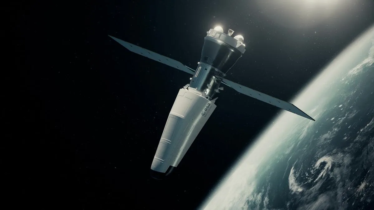 مركبة Space Rider الأوروبية غير المأهولة تدور في الفضاء فوق الأرض، مصممة للنقل العلمي والإعادة الدقيقة عبر مظلة شراعية قابلة للتوجيه.