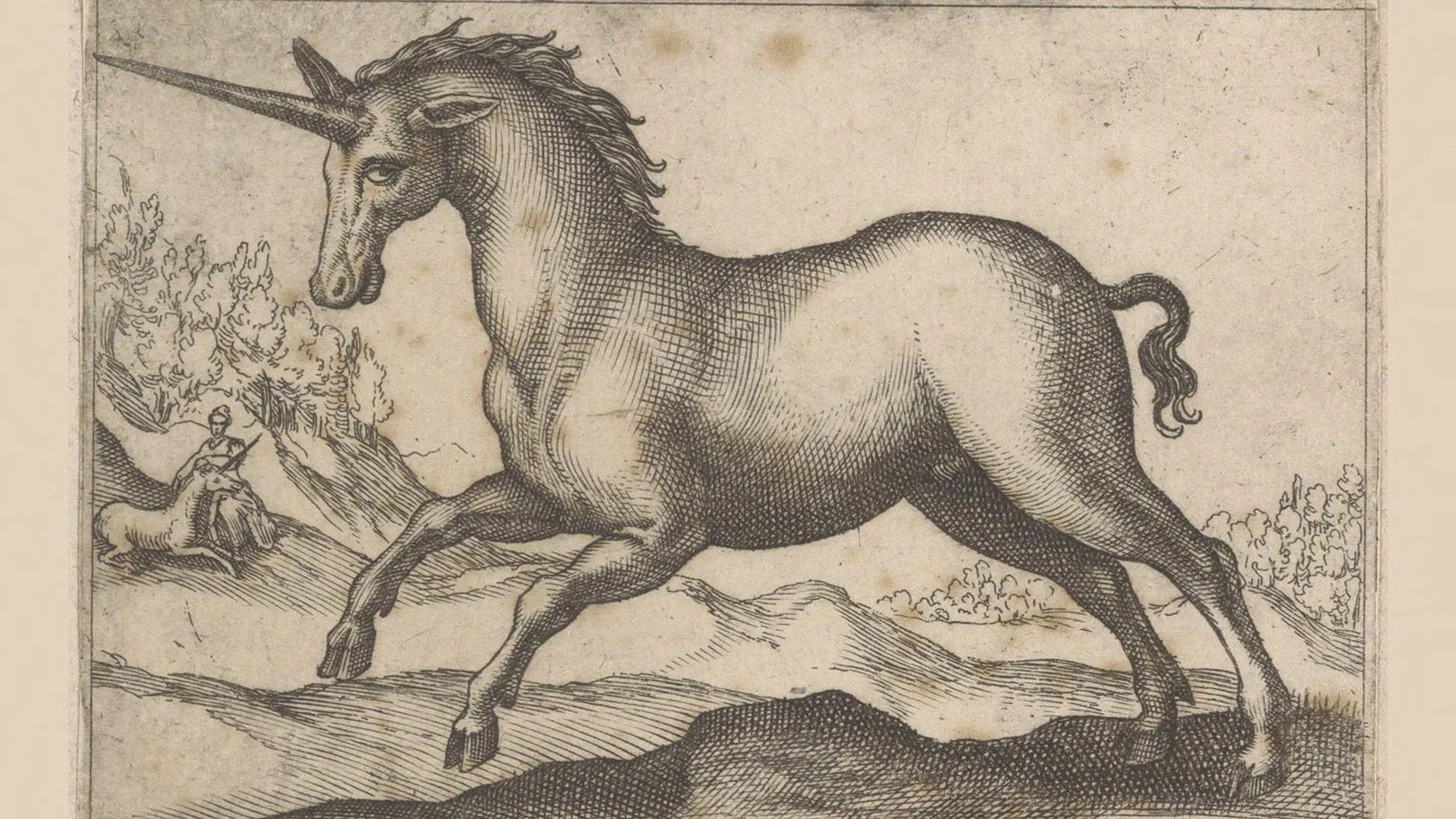 رسم قديم لوحيد القرن الأسطوري يظهره في مشهد طبيعي مع رجل صغير في الخلفية، يعكس تصورات العصور الوسطى عن المخلوقات الخرافية.