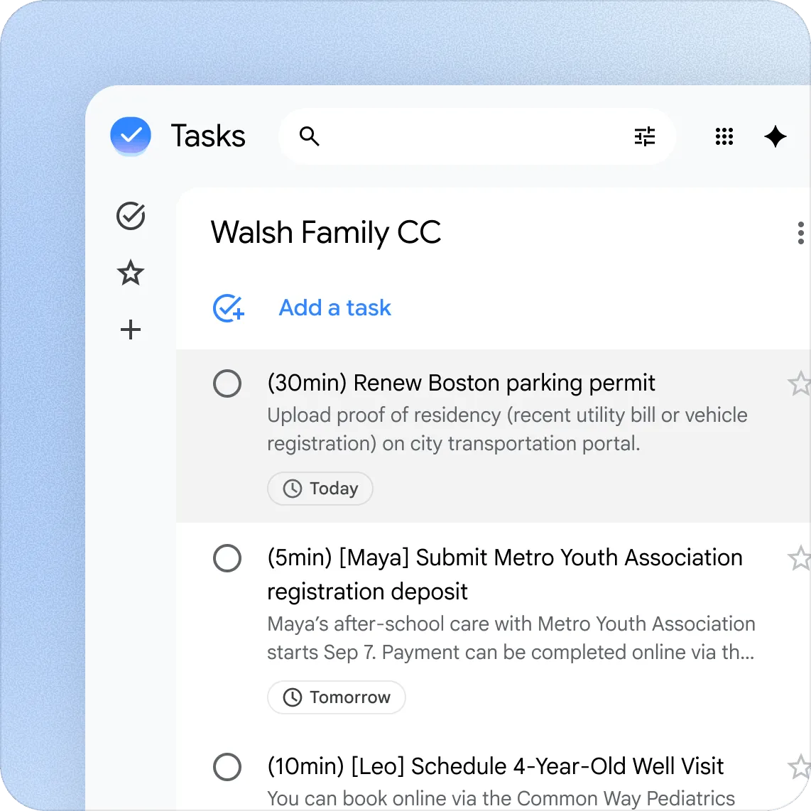 لوحة مهام تطبيق Google CC العائلي تعرض مهام تنظيمية مثل تجديد تصاريح وقوائم تسجيل نشاطات الأطفال مع تواريخ محددة.