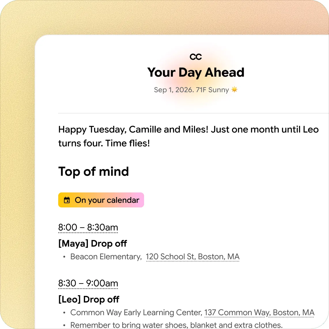 موجز يومي من مساعد Google CC يوضح جدول مواعيد أطفال العائلة مع تفاصيل التسليم في المدارس وخطط اليوم.