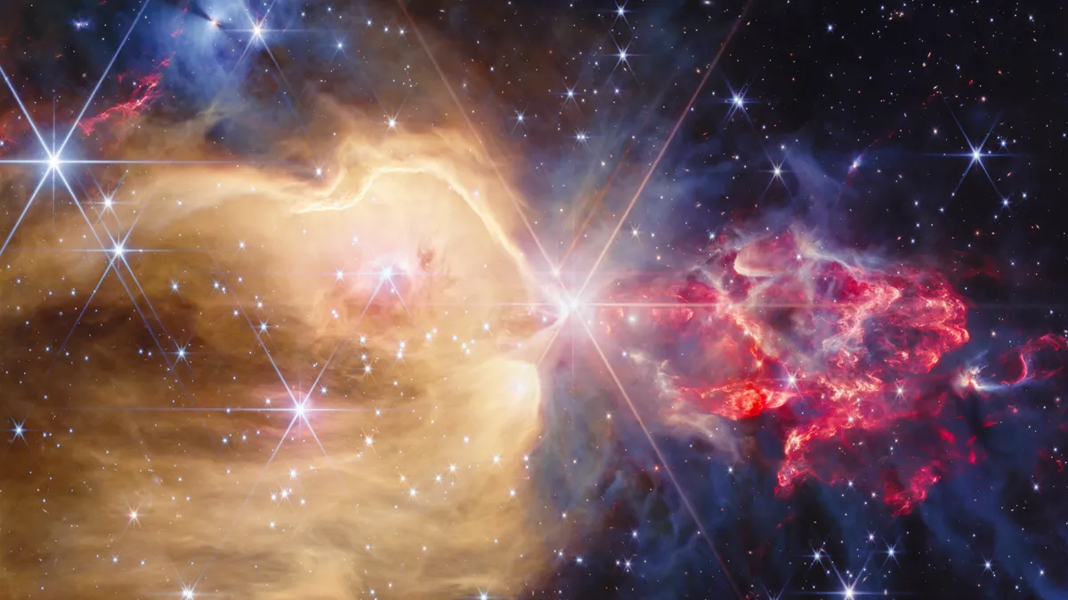 سديم برعم الزهرة NGC 7129 يظهر النجوم الوليدة محاطة بسحب غبارية ملونة ملتقطة بالأشعة تحت الحمراء بواسطة تلسكوب جيمس ويب.