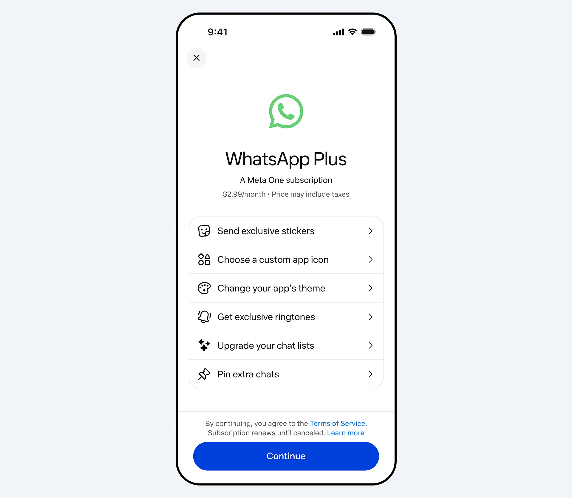 واجهة اشتراك WhatsApp Plus ضمن خدمة Meta One تعرض مزايا مثل الملصقات الحصرية وتخصيص الأيقونة والثيم مقابل 2.99 دولار شهرياً.