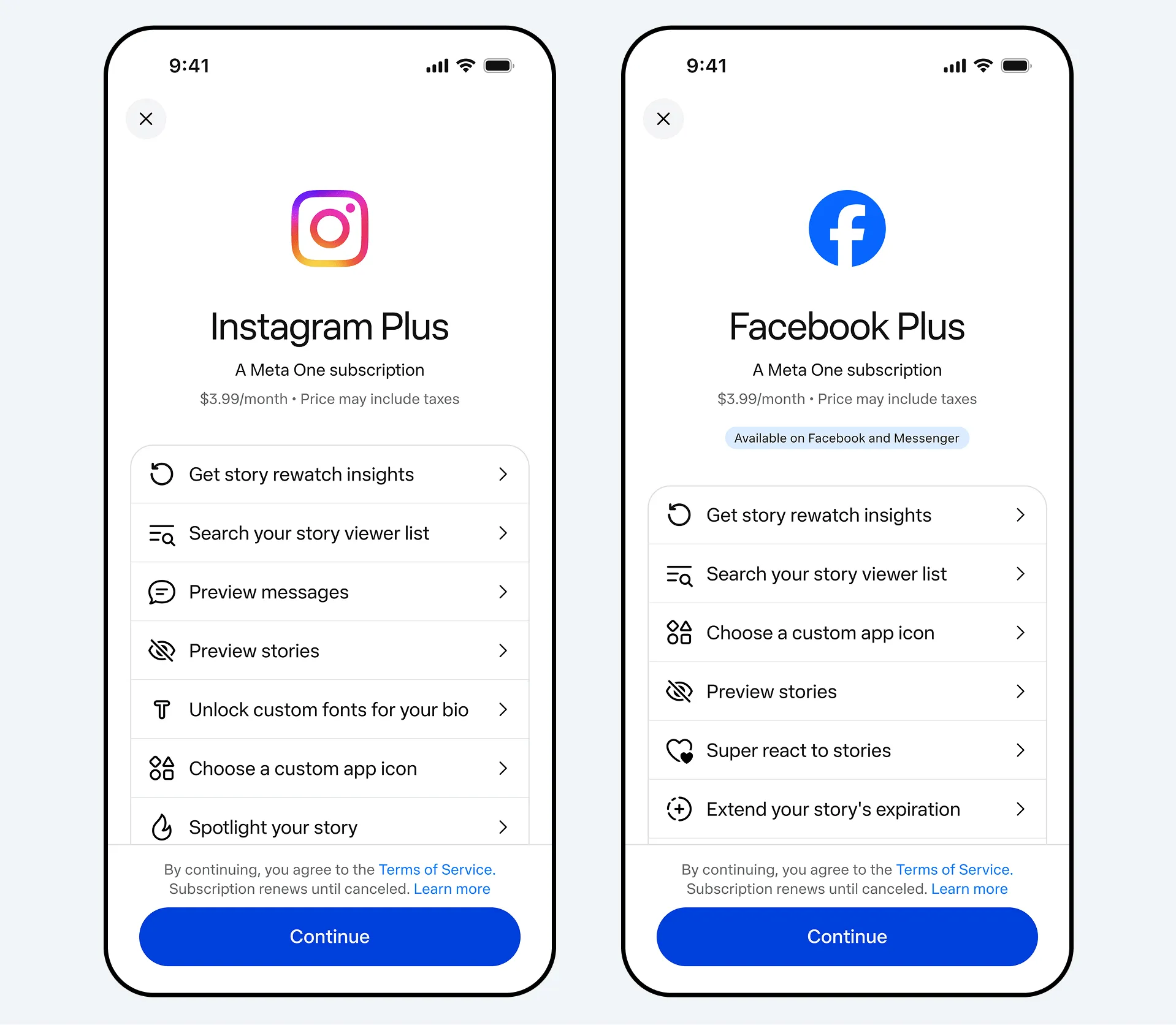 شاشتان لهواتف تعرضان خطط الاشتراك المدفوع Instagram Plus وFacebook Plus من Meta One مع ميزات مثل معاينة القصص واختيار أيقونة التطبيق المخصصة.