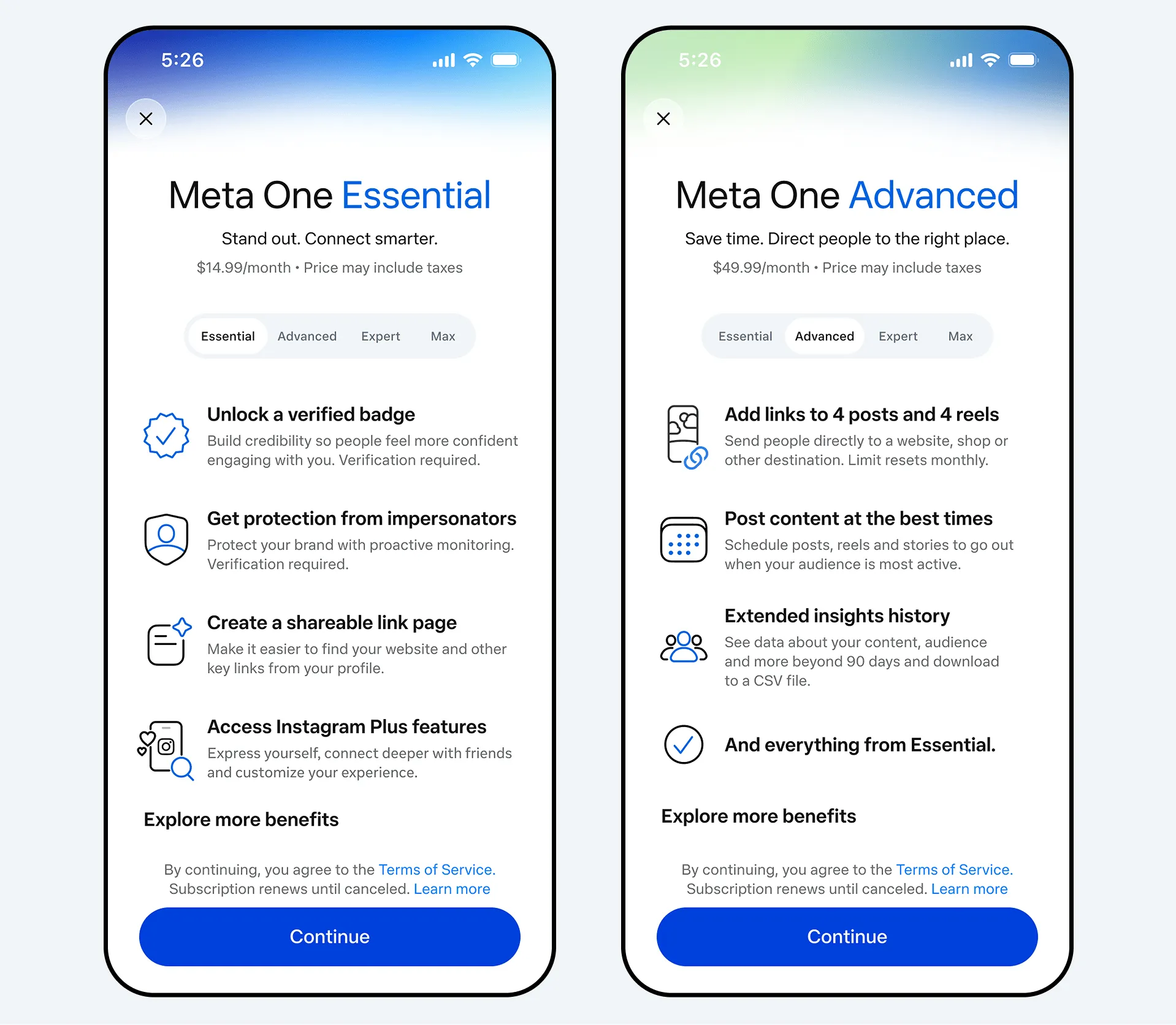 شاشتا هاتف تعرضان خطط اشتراك Meta One للأعمال Essential وAdvanced مع ميزات مثل شارة التحقق وحماية العلامة التجارية وجدولة المنشورات.
