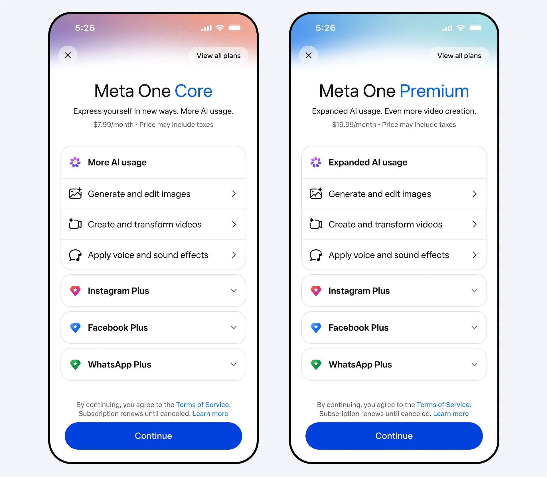 شاشتا هاتف تعرضان خطتي اشتراك Meta One Core وPremium مع ميزات الذكاء الاصطناعي وتكامل Instagram Plus وFacebook Plus وWhatsApp Plus.