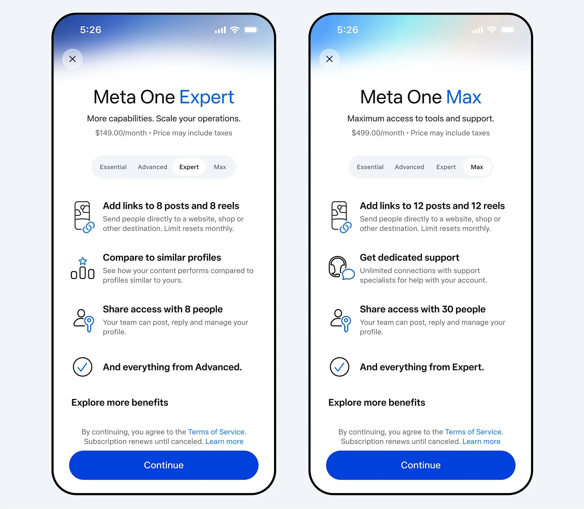 شاشتا هاتف تعرضان خطتي اشتراك Meta One Expert وMax مع مزايا متقدمة لإدارة المحتوى والدعم والمشاركة للفِرق الكبيرة.