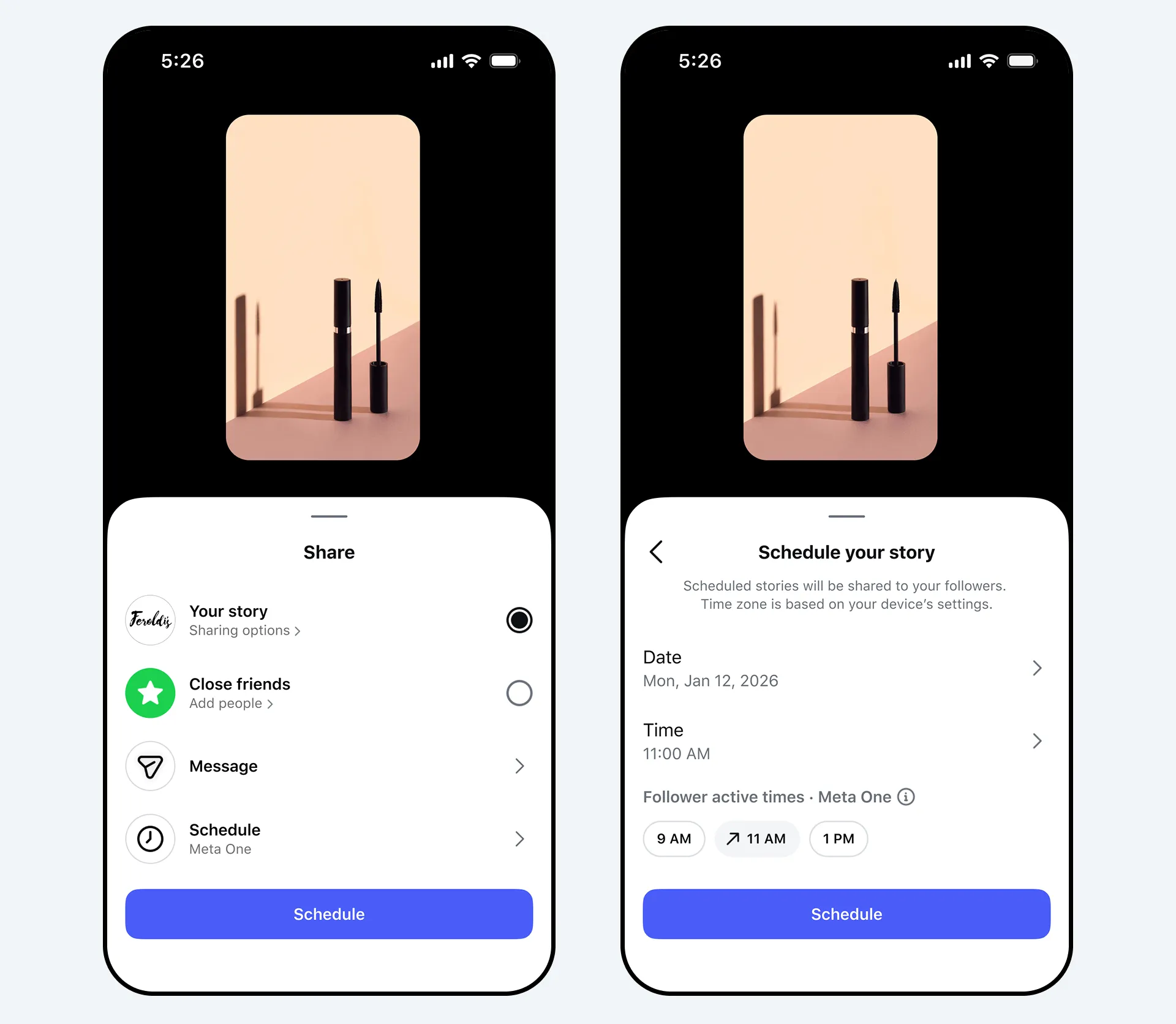 شاشتان لهاتف تعرضان واجهة جدولة القصص على Instagram ضمن خدمة الاشتراك Meta One مع خيارات تحديد الوقت والتاريخ.