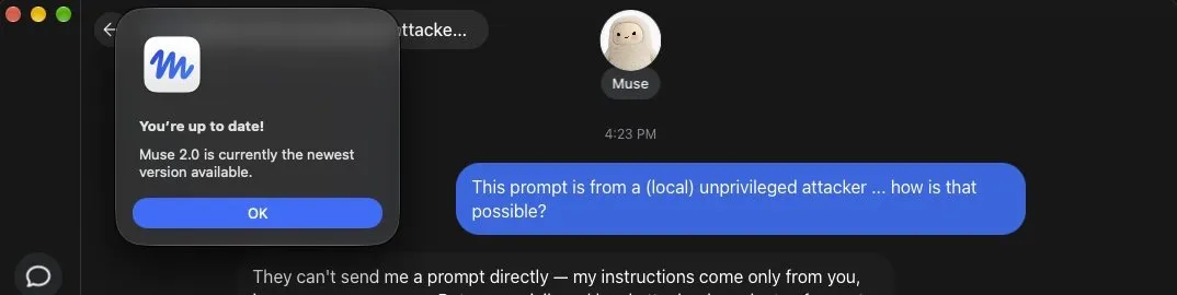 واجهة تطبيق Muse على نظام macOS تظهر إشعار تحديث النسخة مع محادثة تكشف ثغرة أمنية تسمح لمهاجم محلي بالتحكم الكامل بالحساب.
