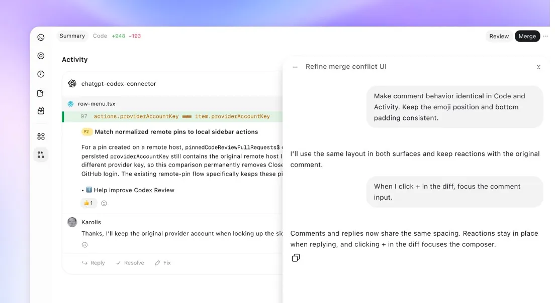 واجهة مراجعة الشيفرة في Codex من OpenAI تعرض تعليقات وتعديلات تلقائية لتسهيل دمج التغييرات وتحسين الأمان البرمجي.