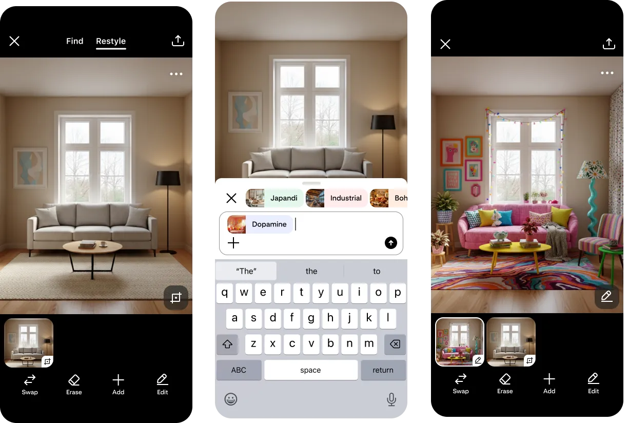 واجهة تطبيق Pinterest Restyle تظهر تحويل غرفة معيشة بسيطة إلى تصميم ملون وزاهي باستخدام الذكاء الاصطناعي مع خيارات تعديل الأثاث والإضاءة والديكور.